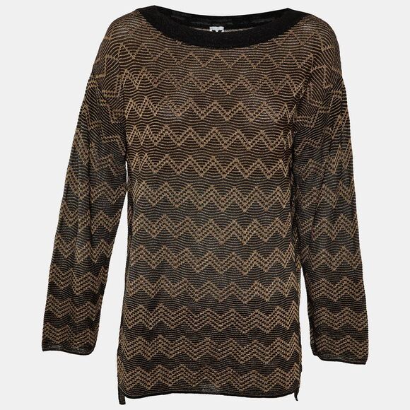 M Missoni Brown/black Chevron Lurex Knit Long Sleeve Sweatshirt L